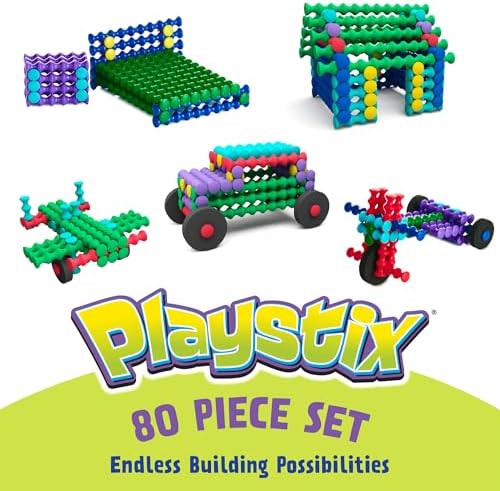POPULAR PLAYTHINGS Playstix, Starter Set 80 Piece, Building Sticks Kit | for Kids Ages 4 and Up, Construction Stem Building Toy Gift, for Boys & Girls