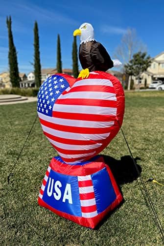 5 Foot Tall Patriotic Independence Day 4th of July Inflatable | Love Heart with American Flag and Bald Eagle, Pre-Lit LED Lights, Outdoor Indoor