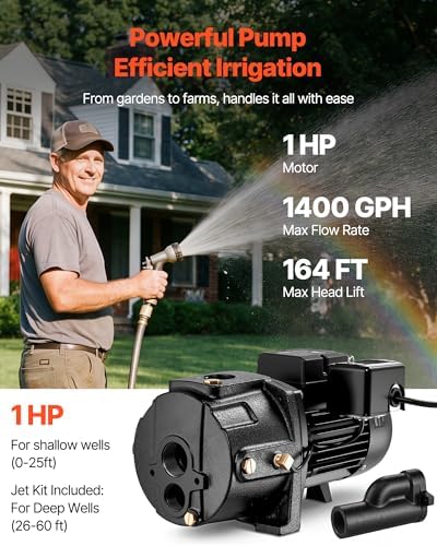 VEVOR 1/2 HP Shallow Well Jet Pump, AC 115/230 Volt, 790 GPH Dual Voltage Cast Iron Well Jet Pump, with 147 ft Max Head Lift, Automatic Pressure Switch, for Garden Irrigation Lawn Sprinkler System
