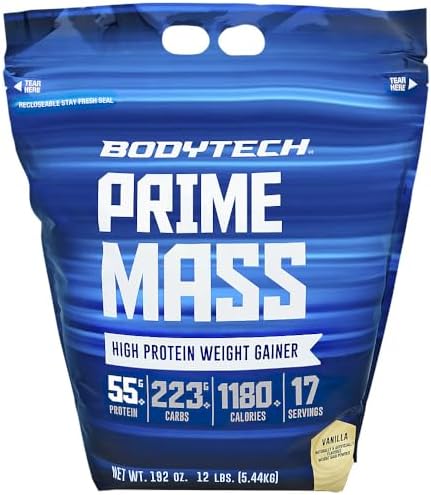 BodyTech Prime Mass Weight Gainer, Vanilla, 55g Protein, 12 lb | 1180 Calories, 223g Carbs, Whey & Casein Blend, BCAAs, Creatine & Glutamine