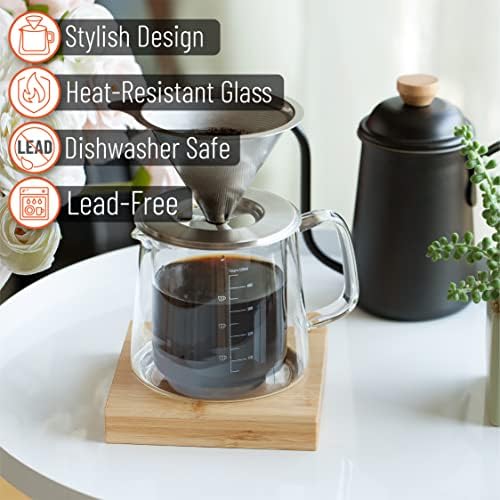 Brew To A Tea BTaT- Pour Over Coffee Maker Set, Double Wall Glass, 16 oz, Drip Coffee Maker Pour Over, Permanent Filter