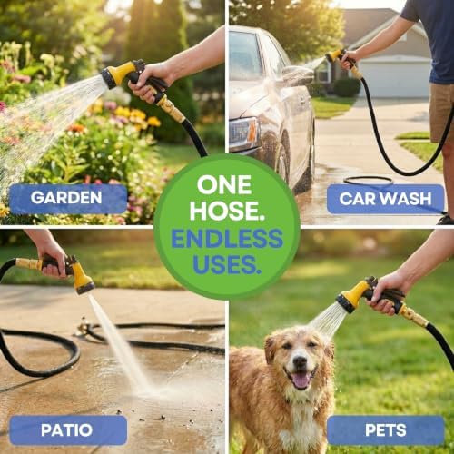 J&B XpandaHose 75ft Expandable Garden Hose, Lightweight, Brass Connectors | Ultra Strong 3750D fabric, 4-layer latex core, expands 3X, kink & leak-resistant, 10-pattern nozzle, storage bag