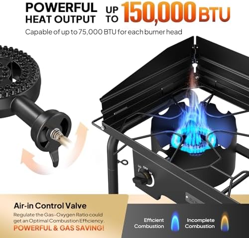ROVSUN 2 Burner Outdoor Propane Gas Stove with Adjustable Regulator, 150,000 BTU High Pressure Stand Cooker for Backyard Cooking Camping Home Brewing Canning Turkey Frying