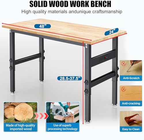60in Adjustable Height Workbench Desk with Drawers,Power Outlets, Rubber Wood Top Heavy-Duty Work Table, 2000 LBS Load Capacity Work Station for Garage, Workshop, Office, Home