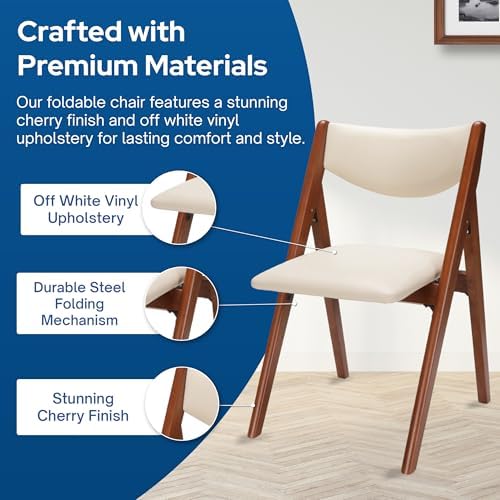 Stakmore Retro Modern Wood Folding Chairs Set of 2, Padded Upholstered Seat, Solid Hardwood Dining & Card Table Chairs, A-Frame Design, Steel Folding Mechanism, No Assembly, Space Saving, Cherry Frame