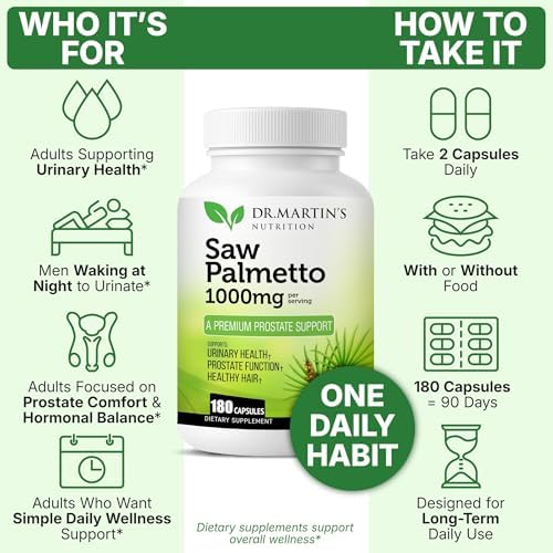 USA Grown Saw Palmetto | 180 Capsules Prostate Health Supplement | Hair Growth for Men & Women | Support to Help Maintain Normal Urination Frequency