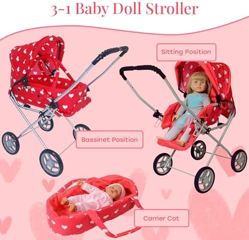 Baby Doll Stroller Play Set, 3-in-1 Babydoll Stroller with Removable Bassinet Baby Carriage for Dolls Toy Doll Stroller for Toddlers 3-4 Years,
