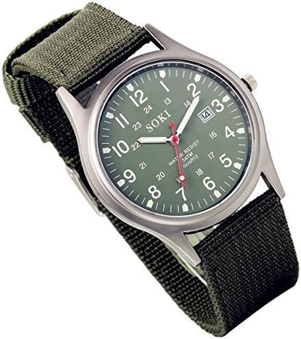 Lancardo Analog Quartz Watch with Woven Nylon Band Calendar Luminous Hand Military Time 24H (Army Green) for Christmas