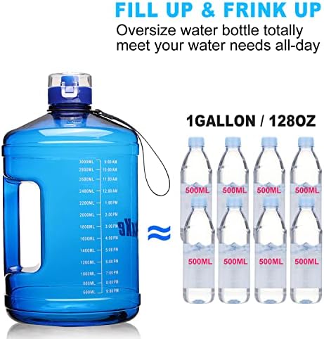 SLUXKE Gallon Big Water Bottle with Handle, 128oz Leakproof BPA Free Fitness Sports Water Bottle with Motivational Time Marker & Wide Mouth Ensure You Drink More Water