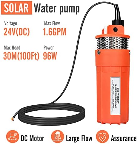 ECO-WORTHY 24V Submersible Deep Well Water Pump with 10ft Cable 1.6GPM 4'' 5A, Max Lift 230ft/70m, DC Pump/Alternative Energy Solar Battery Farm & Ranch Submersible Deep Well Pump