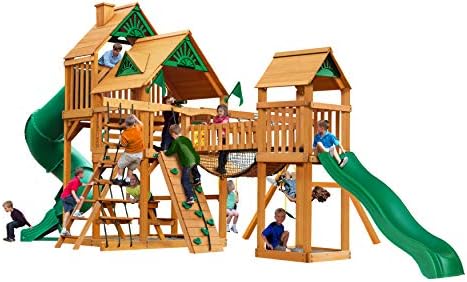 Gorilla Playsets 01-1021-AP Treasure Trove I Wood Swing Set with Wood Roof, Clatter Bridge, and Rock Wall, Amber