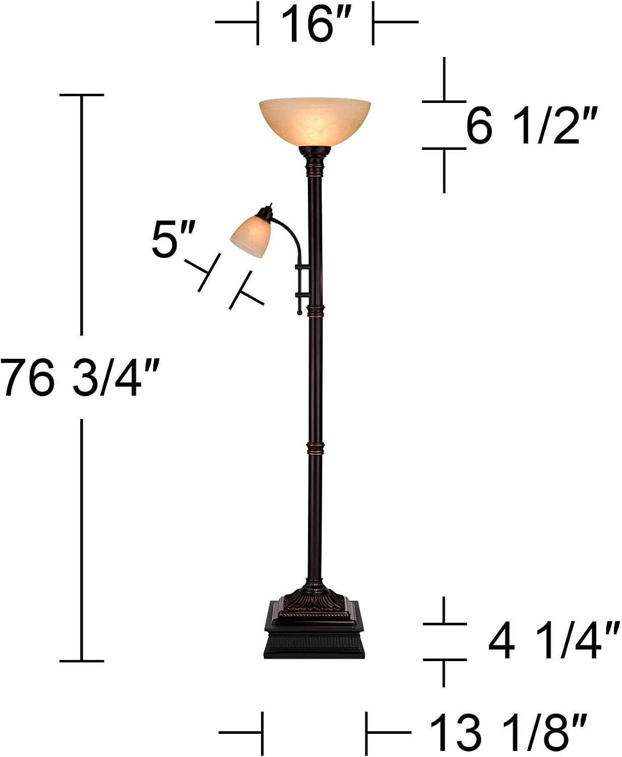 Regency Hill Garver 72 1/2" Tall Bronze Side Light Torchiere Floor Lamp | Traditional 2-Light Adjustable Gooseneck Arm 5 Oiled Rubbed Amber Glass Shades for Living Room Reading House Bedroom Home