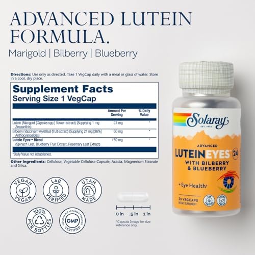 SOLARAY Advanced Lutein Eyes 24 mg, 30 VegCaps | Eye & Macular Health Support, Lutein, Zeaxanthin, Bilberry & Blueberry, 30 Servings