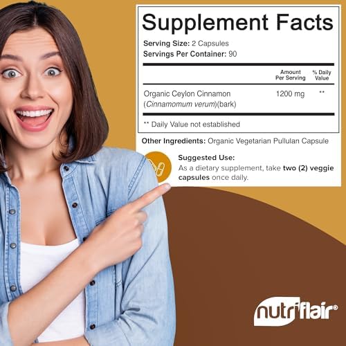 NutriFlair Organic Ceylon Cinnamon Supplement 1200mg, 120 Capsules - USDA Certified - Non-GMO, Gluten Free Powder, Antioxidant Pills