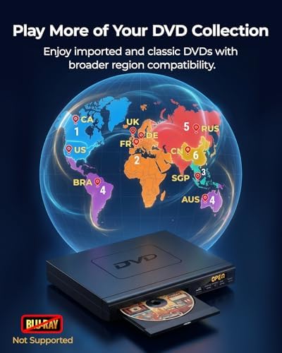 ELECTCOM PRO Region-Free DVD Player for TV with HDMI | Plays Regions 0-6 & Multi Formats, RCA Compact DVD/CD Player for Smart TV