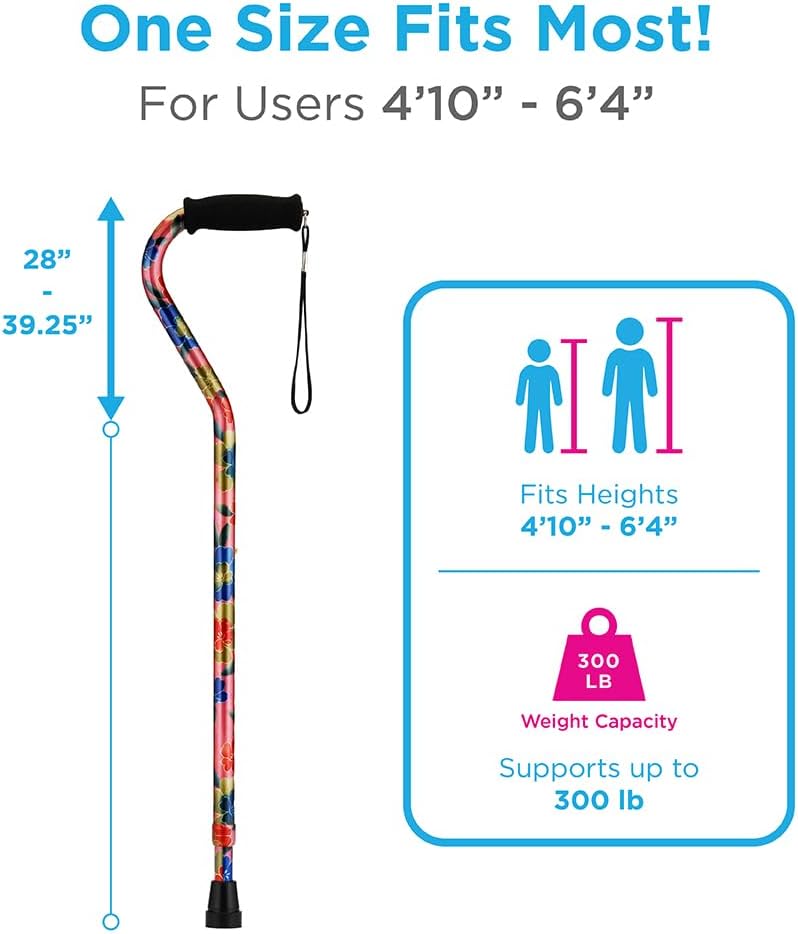 NOVA Designer Walking Cane with Offset Handle, Lightweight Adjustable Walking Stick with Carrying Strap, “Maui Flowers” Design