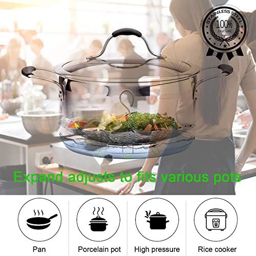 Steamer Basket Stainless Steel Vegetable Basket Metal Handle Folding Silicone Feet Steamer Insert for Cooking Veggies Fish Seafood Include Safety Tool