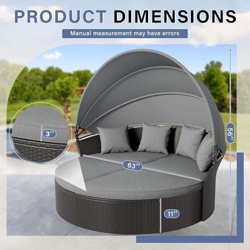 Outdoor Patio Furniture Canopy Daybed Round Sofas, 4 Pieces Seating Separates Cushioned Seats, Black Wicker, Lawn Poolside Garden, Grey
