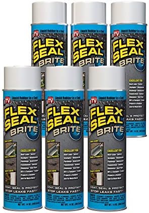 Flex Seal, 14 oz, 6-Pack, Brite, Stop Leaks Instantly, Waterproof Rubber Spray On Sealant Coating, Perfect for Gutters, Wood, RV, Campers, Roof Repair