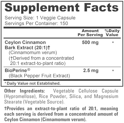 Ceylon Cinnamon, Non-GMO, Vegan, 500mg, 150 Capsules - 150 Servings