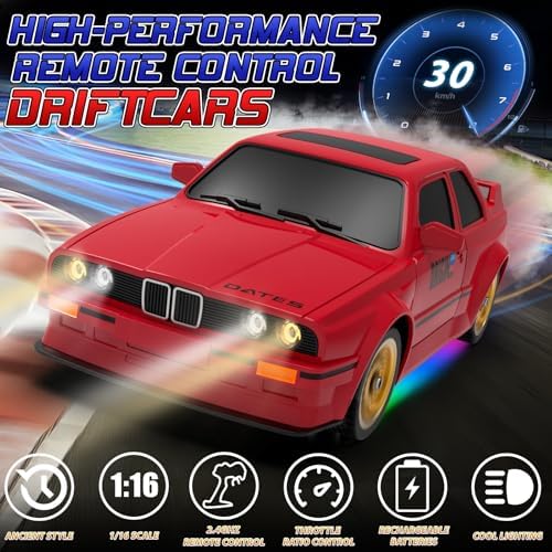 Remote Control Cars 1:16 Scale RC Drift Car 2.4Ghz 30KM/H High Speed 4WD RTR Racing Car with Drift Tires LED Lights 2PCS Rechargeable Batteries RC Sport Cars Toys for Adults Boys Girls Kids Gift