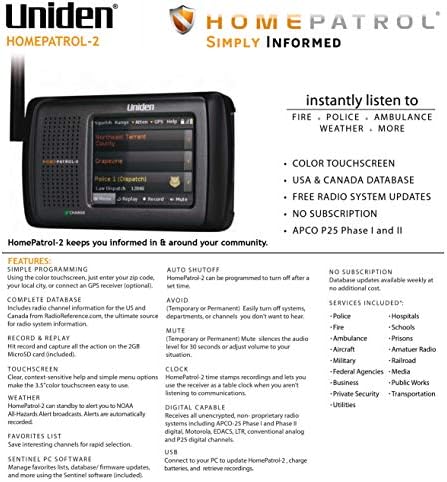 Uniden HomePatrol-2 Color Touchscreen Simple Programing Digital Scanner, TrunkTracker V and S, A, M, E, Emergency/Weather Alert, Digital Capable