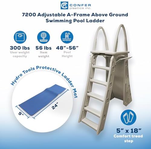 Plastics 7200 Adjustable A-Frame Safety Ladder Steps with Roll-Guard for Above Ground Pools & Hydrotools by Swimline 9" x 24" Ladder Mat