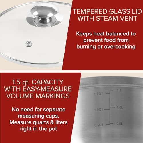 6 Cup Double Boiler Pot Set – 1.5 Quart Stainless-Steel Saucepan 2-in-1 with Vented Glass Lid – Kitchen Cookware with Measurements by Classic