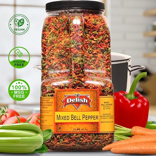 Dehydrated Dried Red and Green Bell Peppers Mix by It's Delish – 48 Oz (3 lbs) Restaurant Gallon Size Jug With handle – Sealed to Maintain