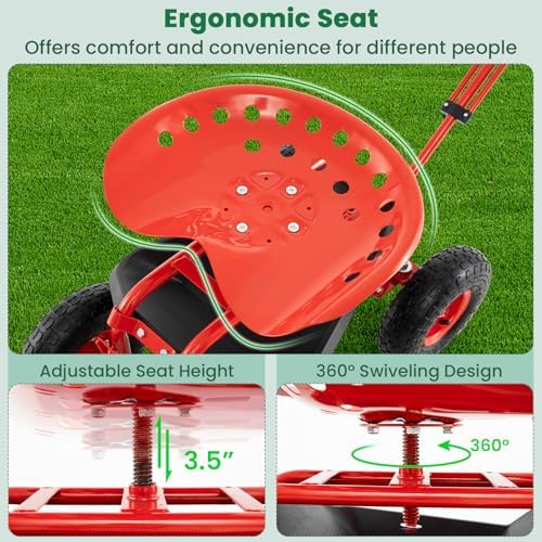 Giantex Rolling Garden Cart with Seat, 4-Wheel Gardening Workseat with Storage Basket, Swivel Stool Adjustable Seat, Steering Handle