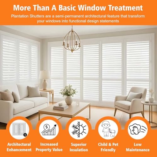 Plantation Shutters for Interior Windows, White, Faux Wood, Custom Made | Interior/Inside, Humidity-Resistant, Protect Privacy, Adjust light, for Bath