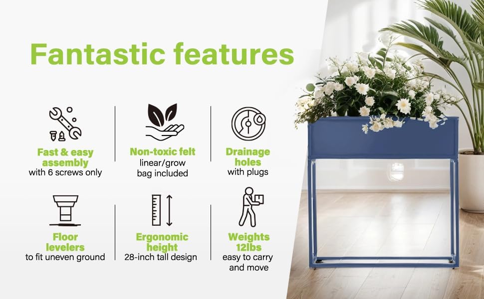 Cocoyard Metal Elevated Planter Box - 28" Raised Garden Bed with Legs for Indoor and Outdoor - Tall Rectangle Planter with Felt Liner