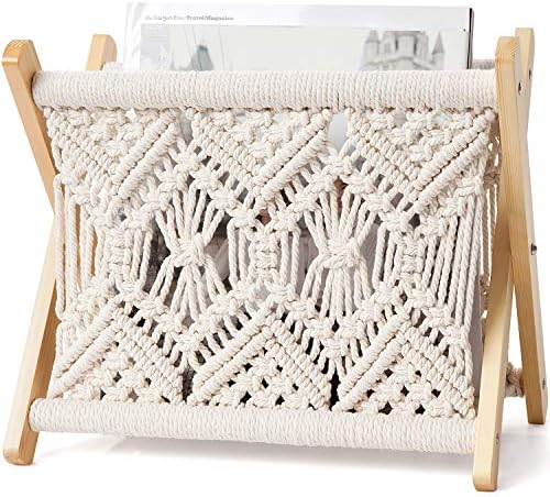 Mkono Macrame Magazine Holder, Boho Woven Book Rack Basket, 11.2"L x 7.5"W