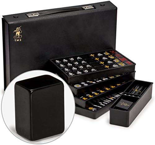 Yellow Mountain Imports Japanese Riichi Mahjong Set - White and Yellow Standard Size Tiles - with East Wind Tile and Black Vinyl Case