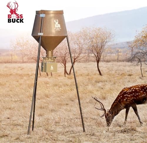 BOSS BUCK 200 LB Deer Feeder/Hunting Durable Lightweight Plastic UV Protected Waterproof Game Feeder with 12V Spinner Automatic Delivery System & Multi-Piece Legs