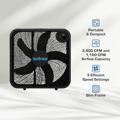 Hurricane Classic Floor Box Fan with 3 Speed Settings, White - 20in | Corded Portable Electric Air Cooling Unit w/ Powerful 2400 CFM Airflow for Home, Garage, Office, Bedroom & Basement