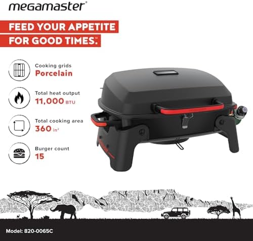 Megamaster Tabletop 1 Burner Gas Grill, Foldable Legs with Warming Rack