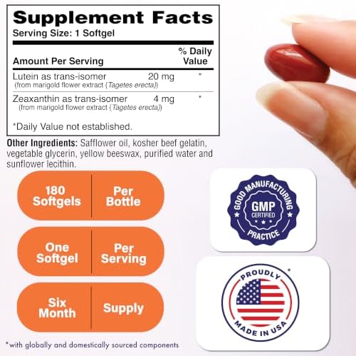 Trans Lutein 20mg Trans Zeaxanthin 4mg, 60 Softgels Health Thru Nutrition | Trans-Isomer Lutein Supplement Marigold Extract in Nature Identical 5:1 Ratio | Supports Healthy Eye, Skin and Brain, Non-GMO