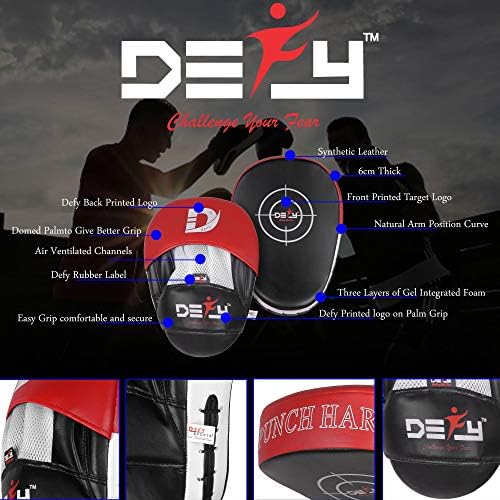 DEFY MMA Muay Thai Boxing Focus Mitts – Premium Leather Hook & Jab Punching Pads - Curved Focus Mitts for Strike & Kick Training Shield