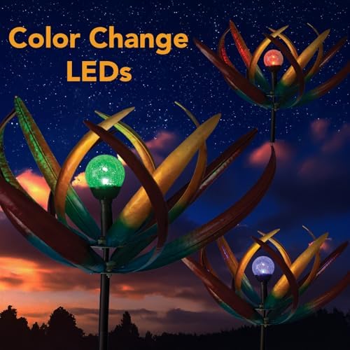 Bits and Pieces Tulip Wind Spinners Outdoor Solar Lighted Metal Wind Spinner, Large Kinetic Garden Sculptures, Crackle Glass Light