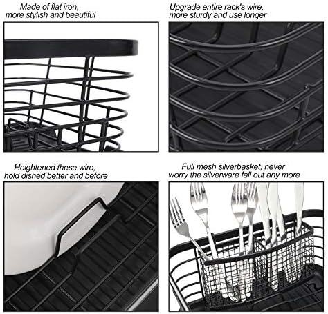TQVAI Kitchen Dish Drainer Rack with Drying Board and Full-Mesh Silverware Utensils Holder, Black