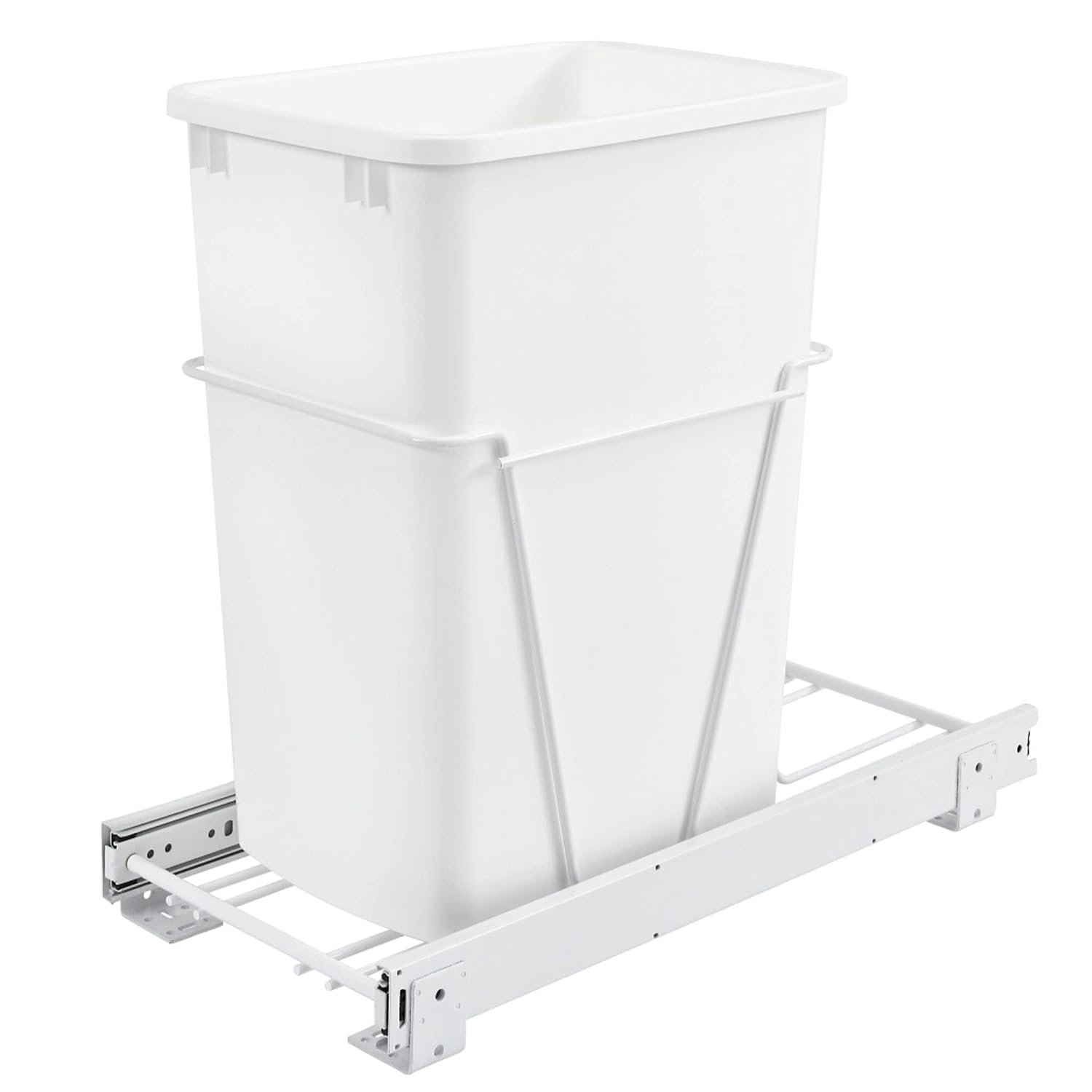 Rev-A-Shelf Single 35 Qt Pullout Trash Can for Base Kitchen Cabinets | Garbage Waste Bin System with 3/4 Extension Slides, Min Opening Width of 11, White, RV-12PB