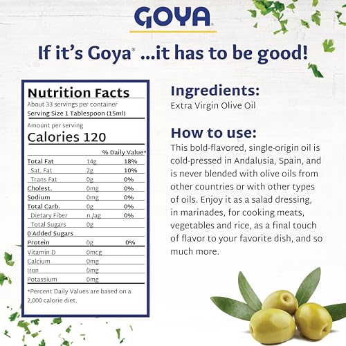 Goya Extra Virgin Olive Oil, Polyphenol Rich, Pressed, Pack of 2, 34 fl oz | Cold Pressed, Evoo Extra Virgin Olive Oil for Cooking, Polyphenol Rich