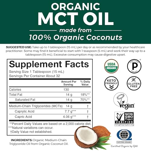 Viva Naturals Organic MCT Oil, 32 fl oz – MCT Oil for Coffee, USDA Organic, Non-GMO, Paleo Certified & Keto Friendly, Supports Energy & Mental Clarity