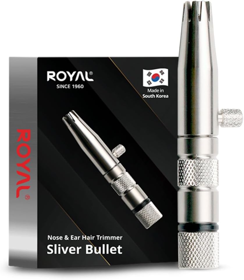 ROYAL [Made in Korea] Premium Manual Nose Hair Trimmer for Men Silver Bullet, Battery-Free, Stainless Steel Rotary Blade Grooming Tool, Waterproof