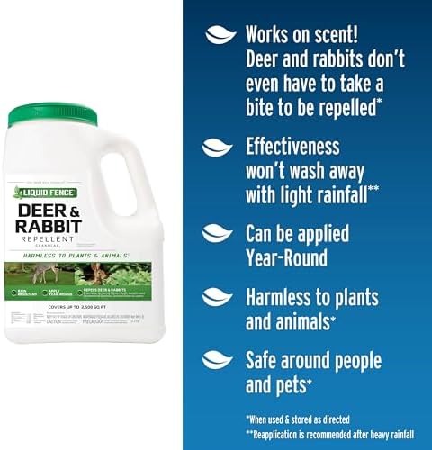 Liquid Fence Deer And Rabbit Repellent Granular 5 Pounds, Harmless To Plants And Animals | Use on Low-Growing Flower Beds, Gardens, Ground Cover & Lawns; Covers up to 2,500 Sq. Ft., Harmless To Plants & Animals