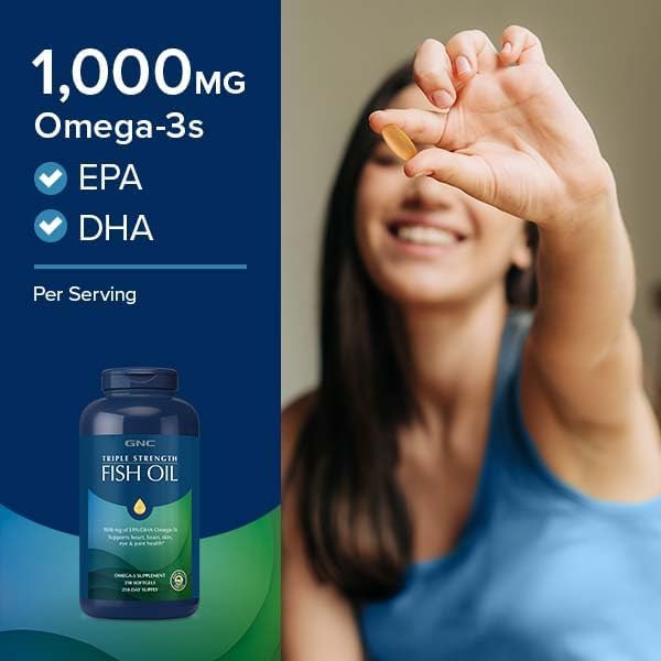 GNC Triple Strength Fish Oil Omega 3 Supplement, 1000mg EPA and DHA, Supports Heart, Brain, Skin, Eye and Joint Health, 60 Softgels