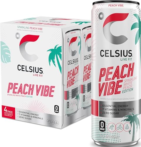 CELSIUS Sparkling Peach Vibe, Functional Essential Energy Drink 12 Fl Oz (Pack of 4)