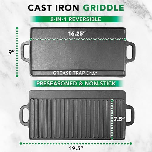 ProSource 2-in-1 Reversible 19.5” x 9” Cast Iron Griddle with Handles, Preseasoned & Non-Stick for Gas Stovetop, Oven and Open Fire.