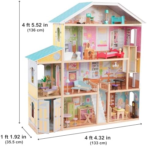 KidKraft Majestic Mansion Wooden Dollhouse with 34 Pieces, Working Elevator | 4 Feet Tall, Garage, 4 Floors, 8 Rooms, Attic Nursery